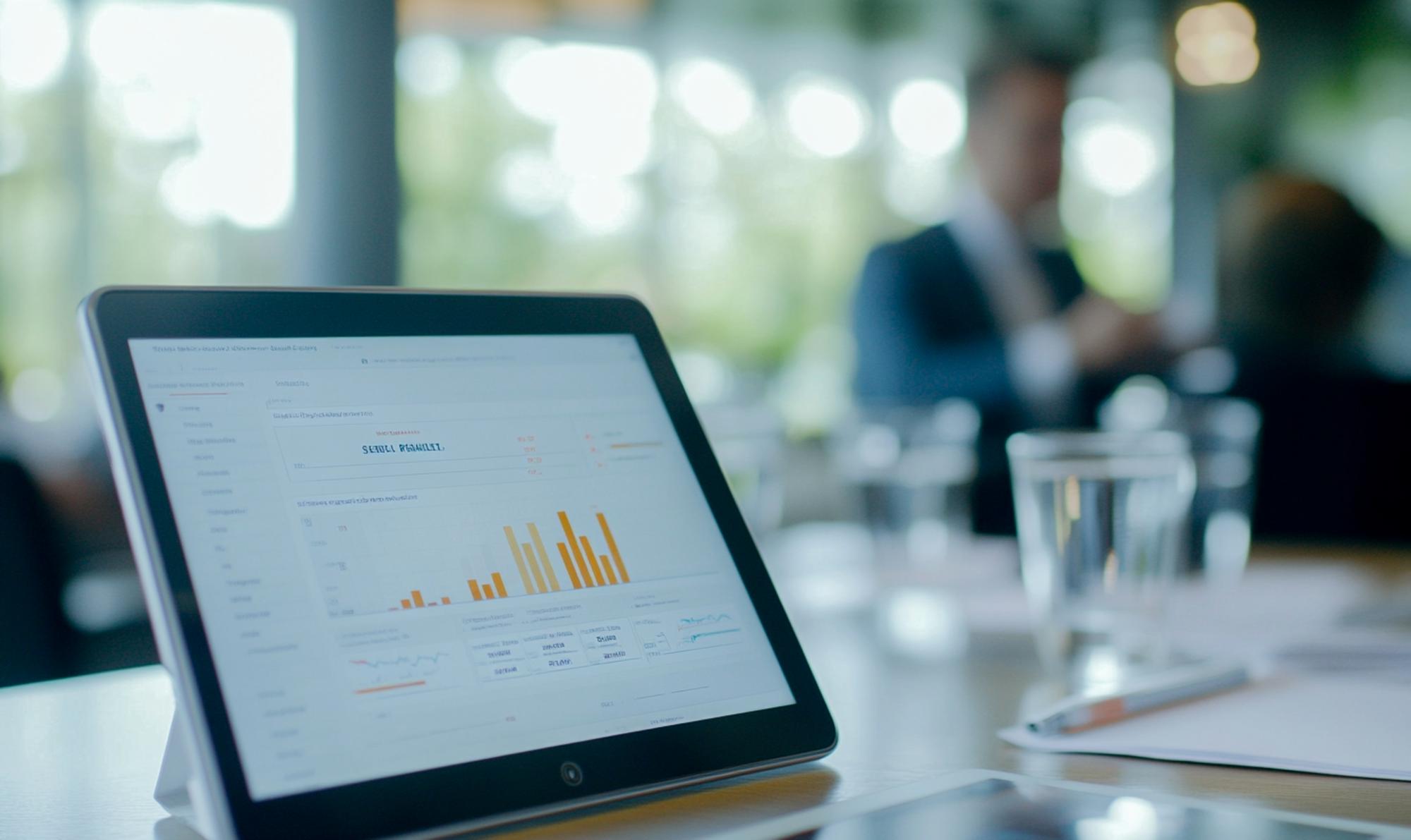 Close-up of financial chart on tablet in boardroom