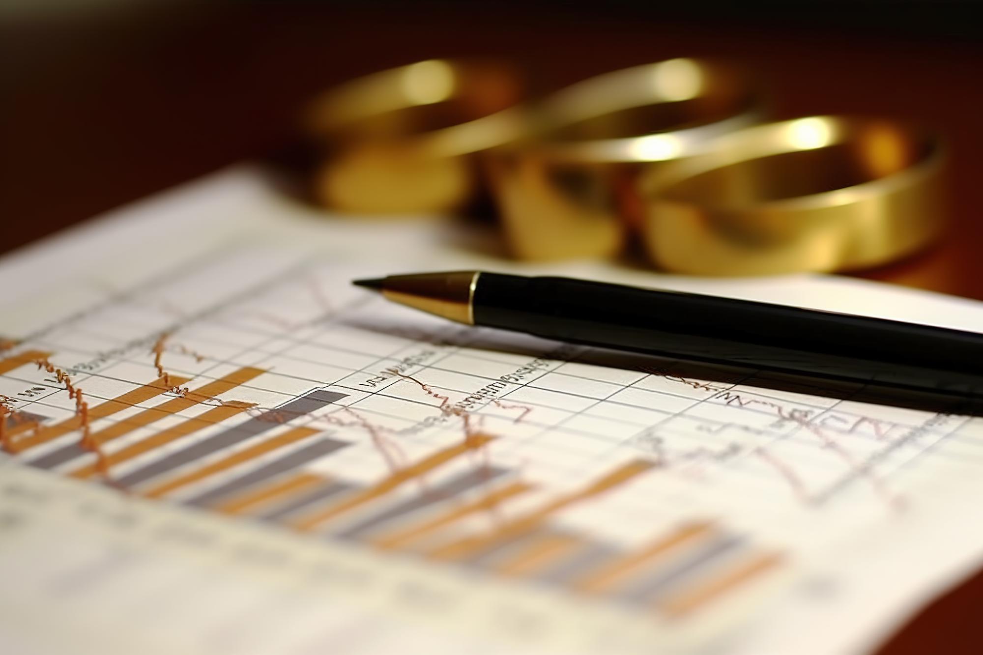 Financial plan spread on table with gold accents